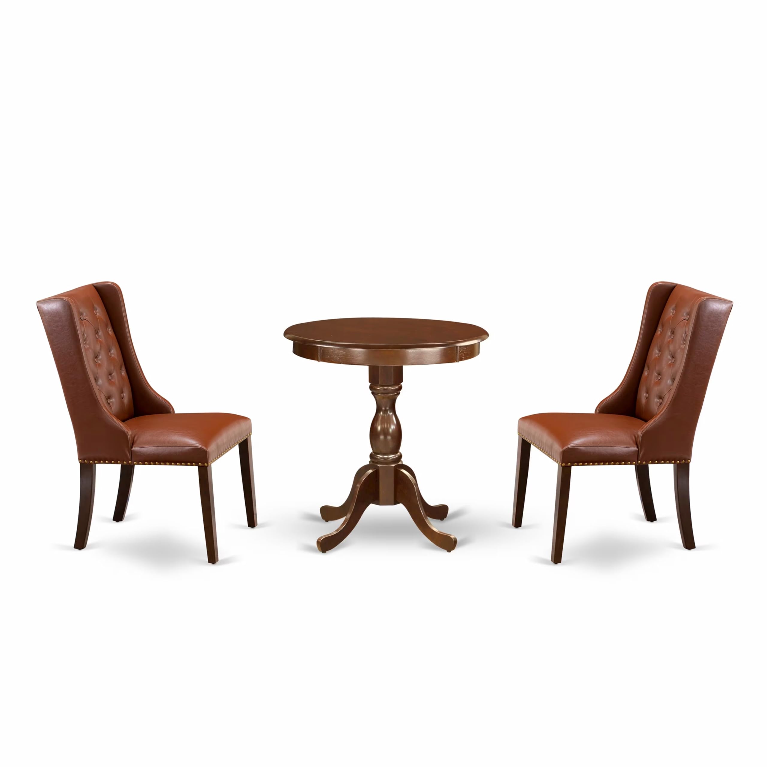 East West Furniture Esfo3-Mah-46 3 Piece Dinette Set For Small Spaces Contains A Round Dining Table With Pedestal And 2 Brown Faux Faux Leather Upholstered Chairs, 30X30 Inch, Mahogany